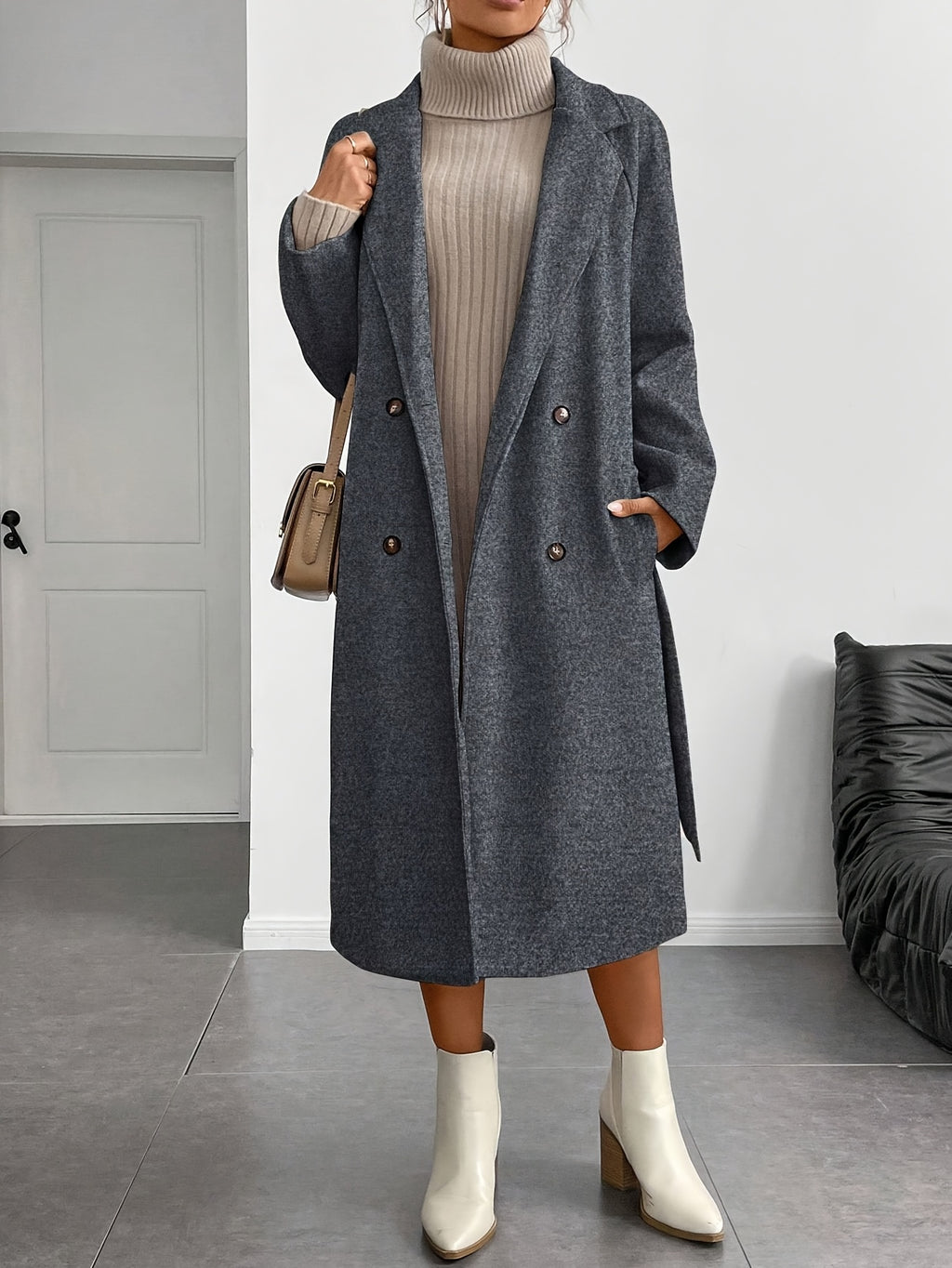 WL Atelier | Elegant Double-Breasted Long Coat with Belt