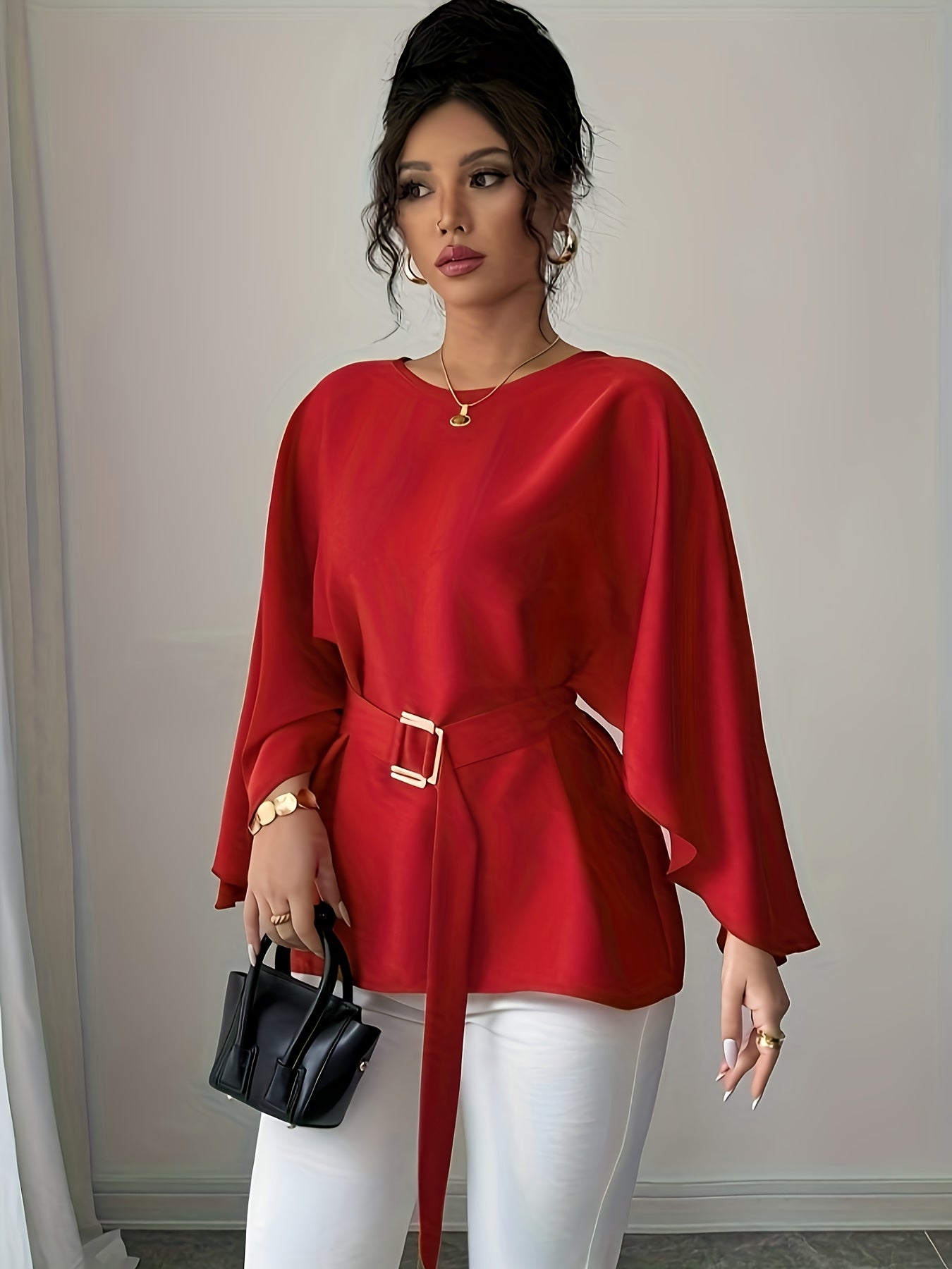 WL Atelier | Elegant Green Belted Long-Sleeve Blouse