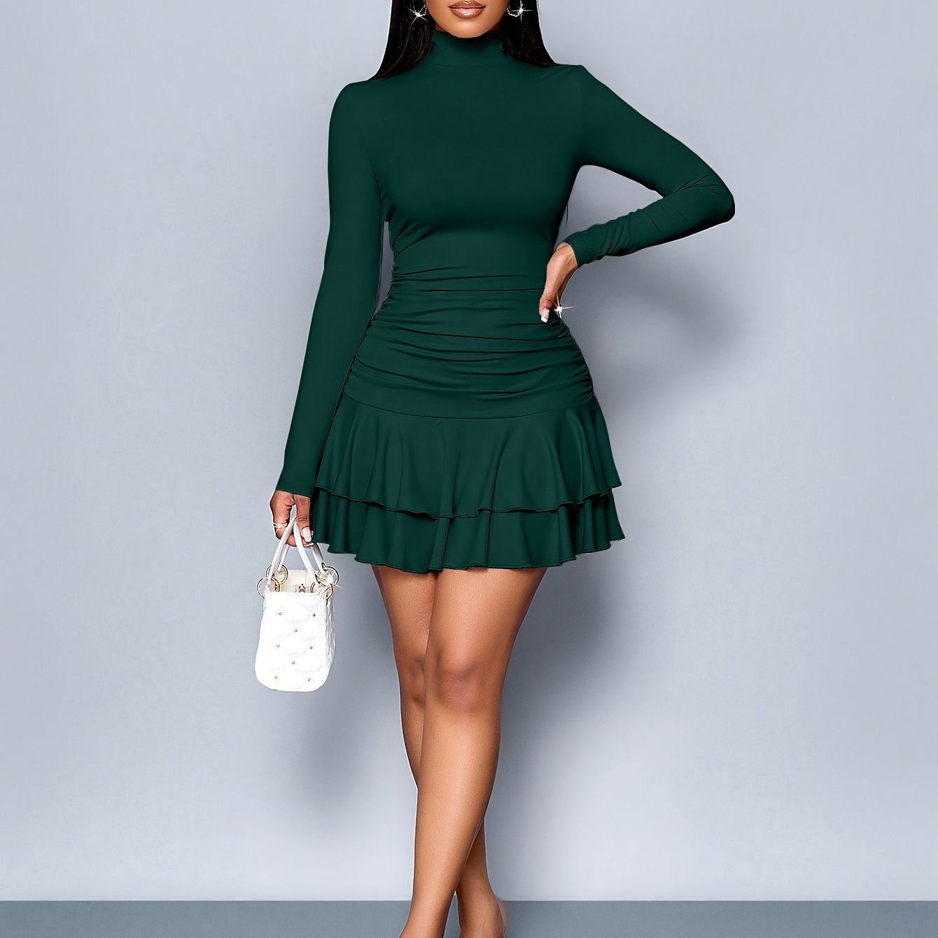 WL Atelier | Elegant Black Ruffle Mini Dress with Stand Collar