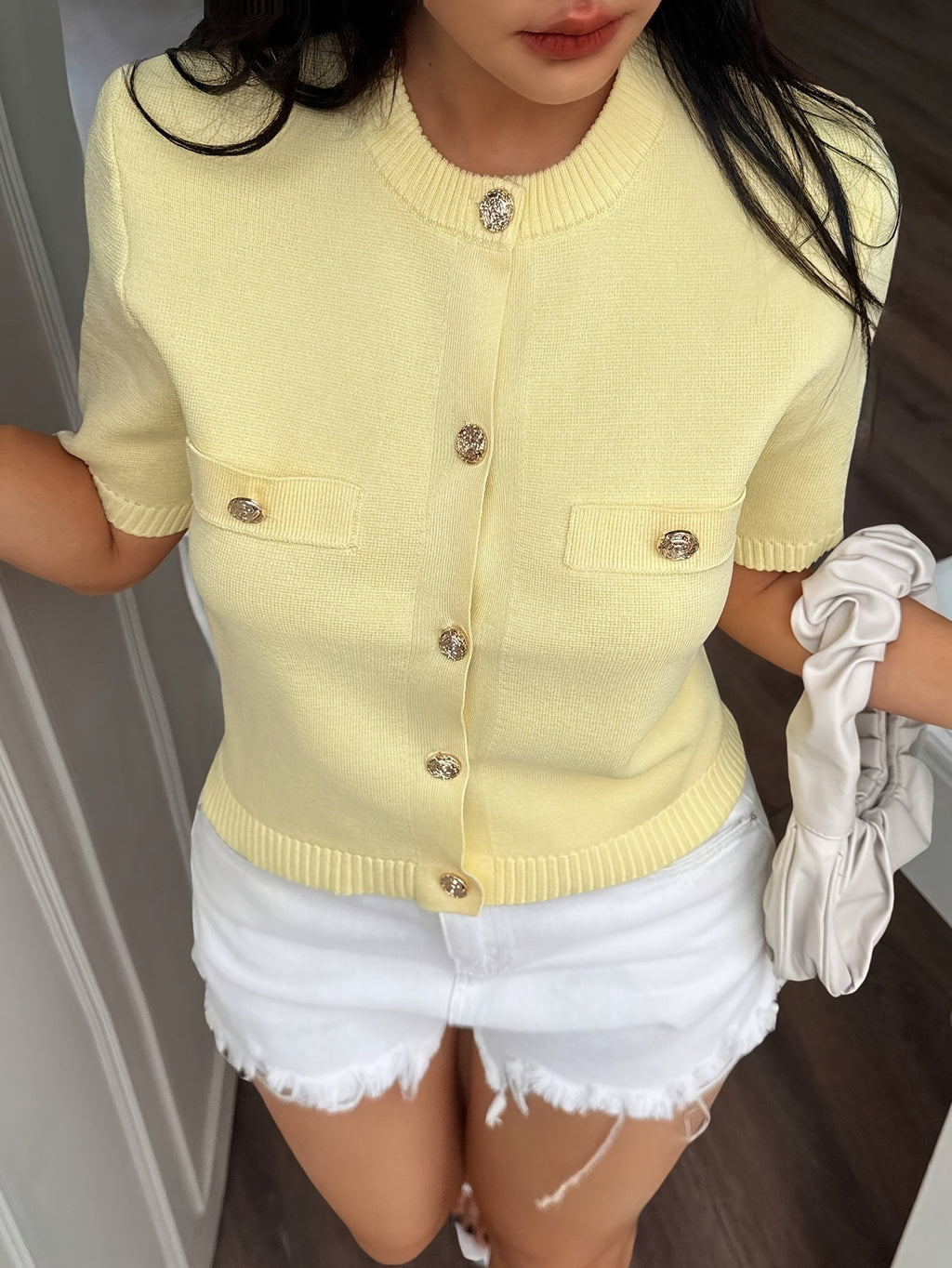 WL Atelier | Yellow Short-Sleeve Button-Front Knit Top