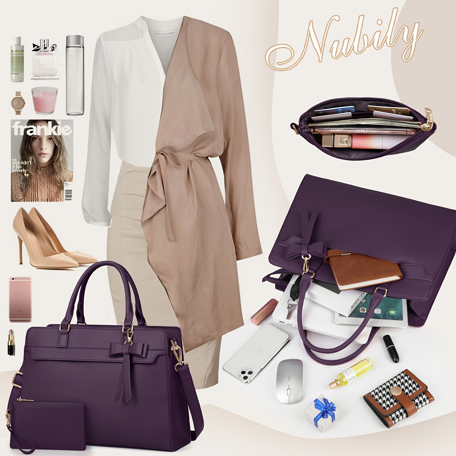 WL Atelier | Elegant Black PU Laptop Tote &amp; Satchel Set