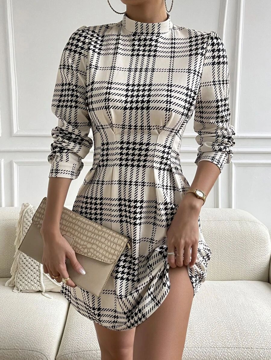 WL Atelier | Black &amp; White Plaid Mini Dress with Bow Detail