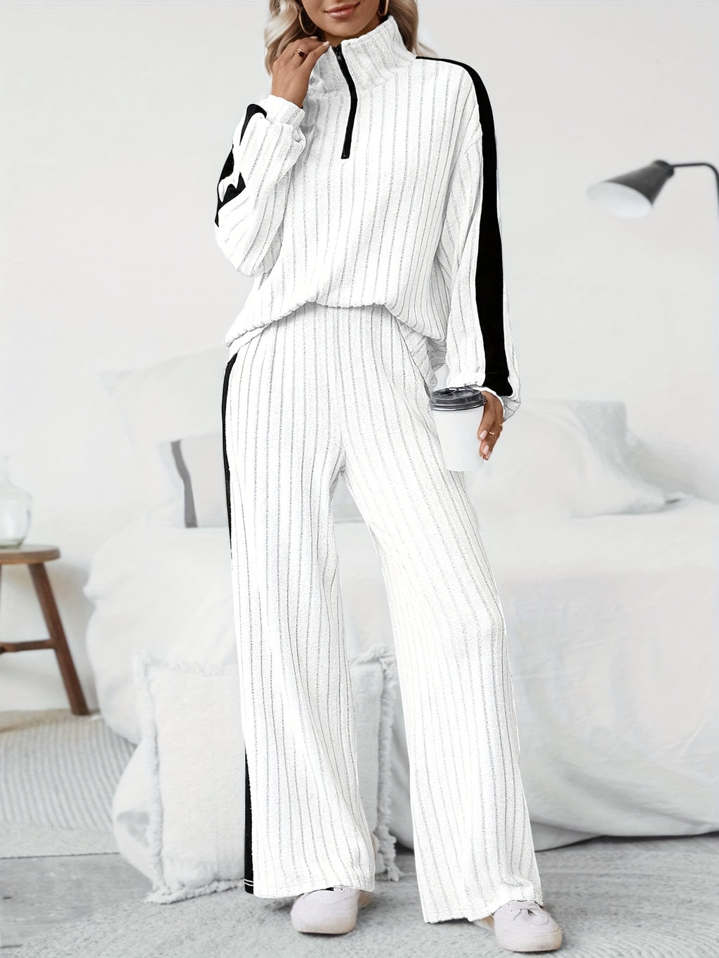 WL Atelier | Striped Collar Top &amp; Color-Block Wide-Leg Pants Set