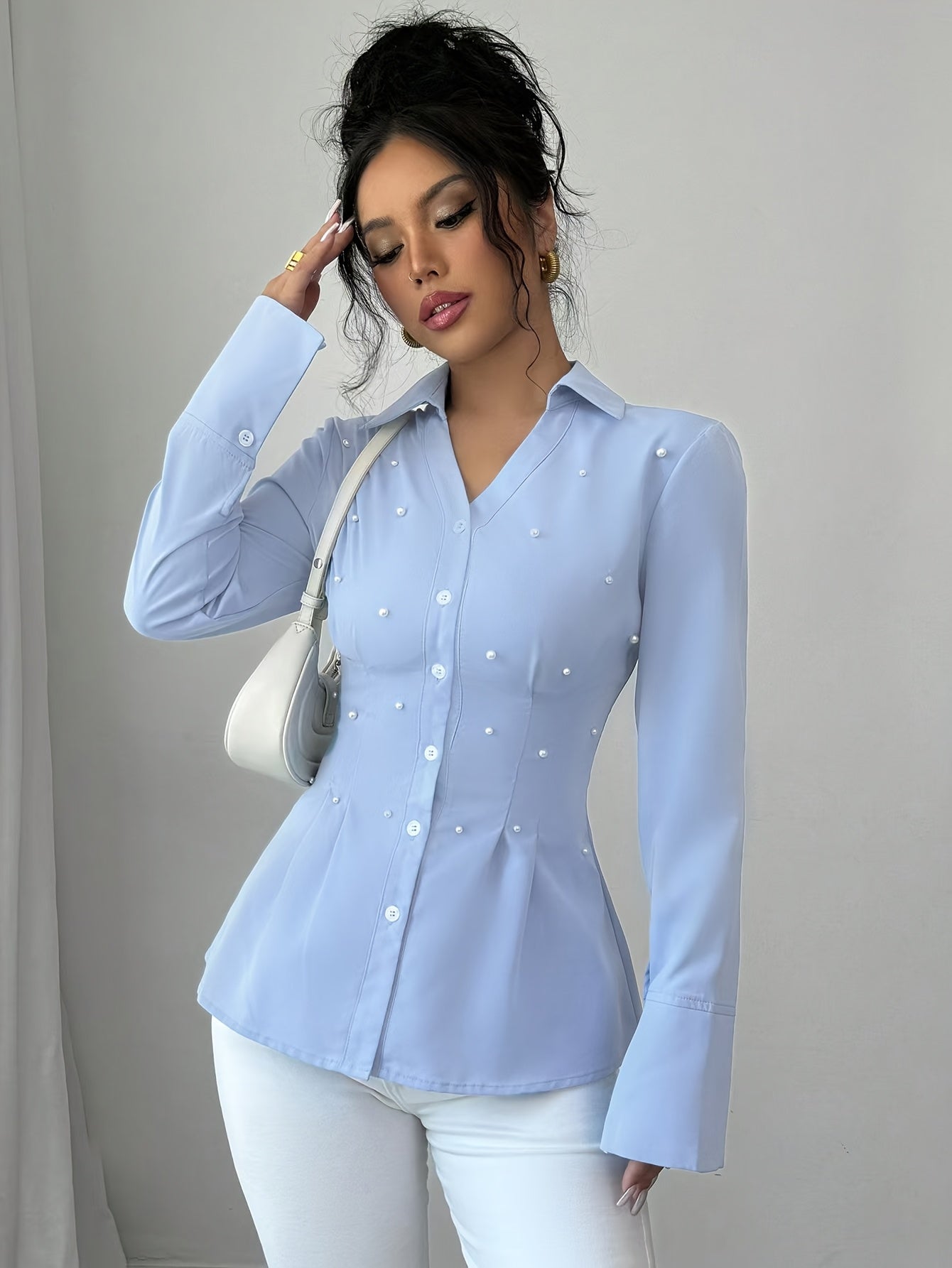 WL Atelier | Vintage Blue V-Neck Blouse with Pearl Embellishments