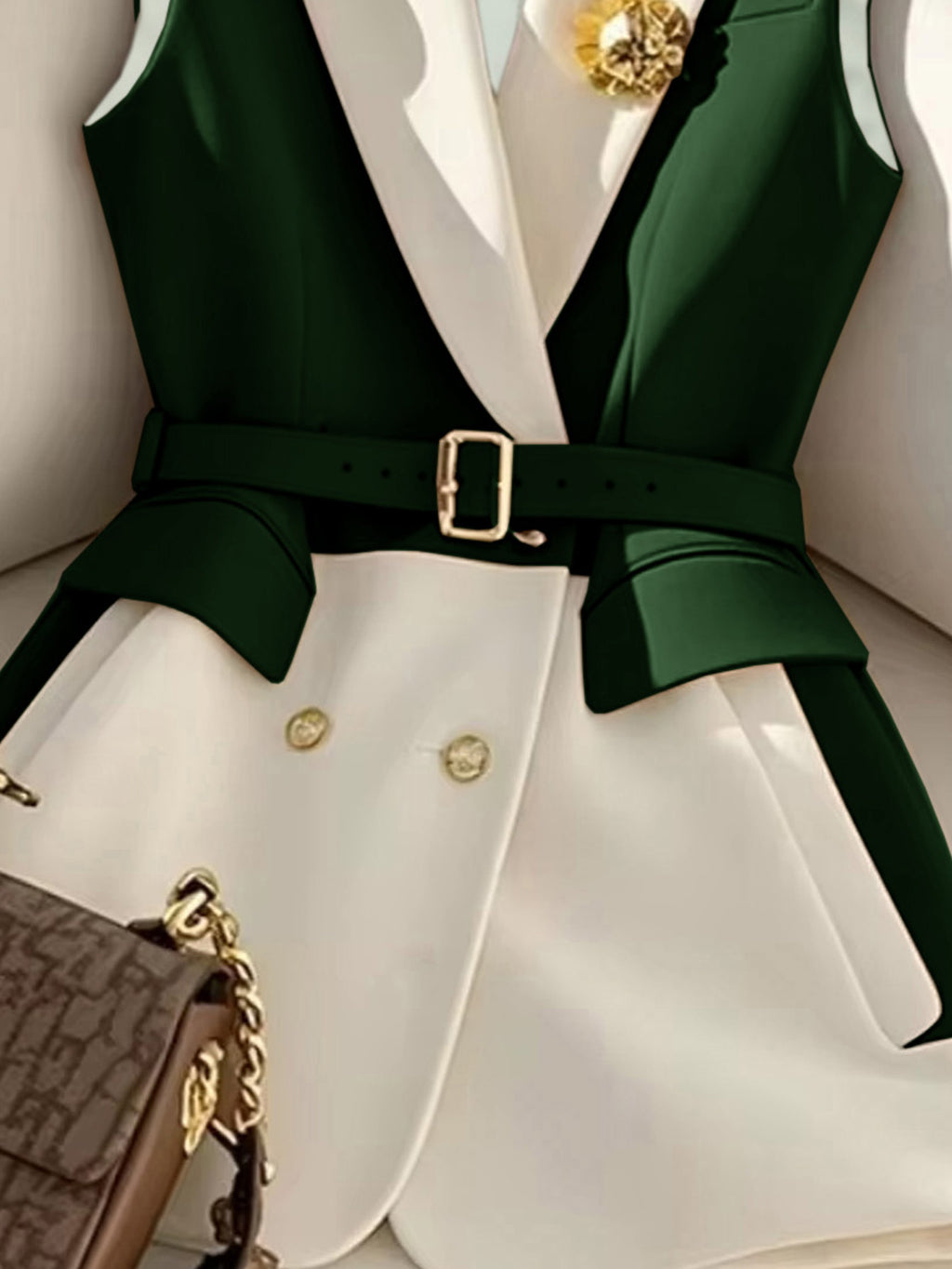 WL Atelier | Elegant Green &amp; White Color Block Blazer Vest