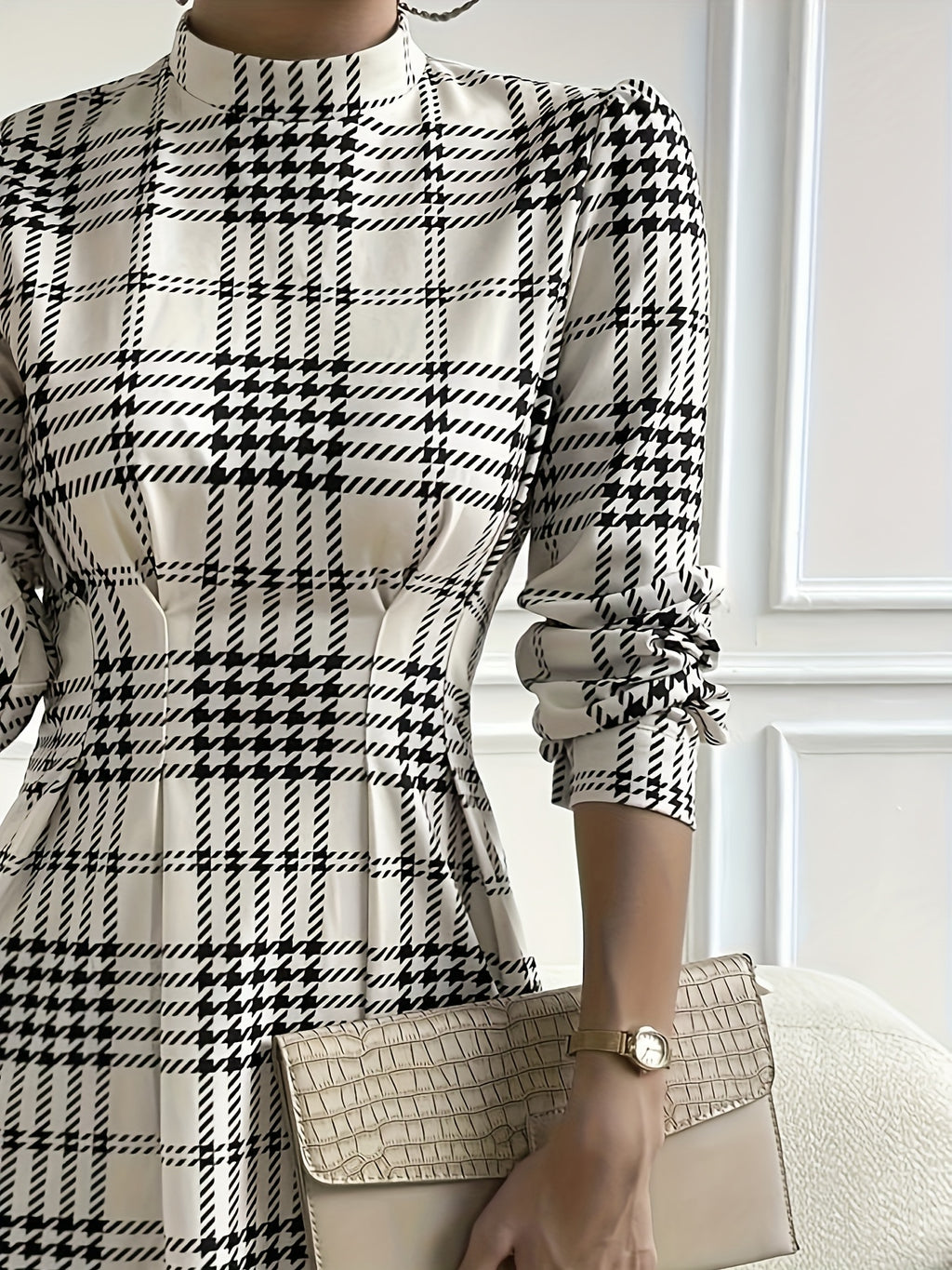 WL Atelier | Black &amp; White Plaid Mini Dress with Bow Detail
