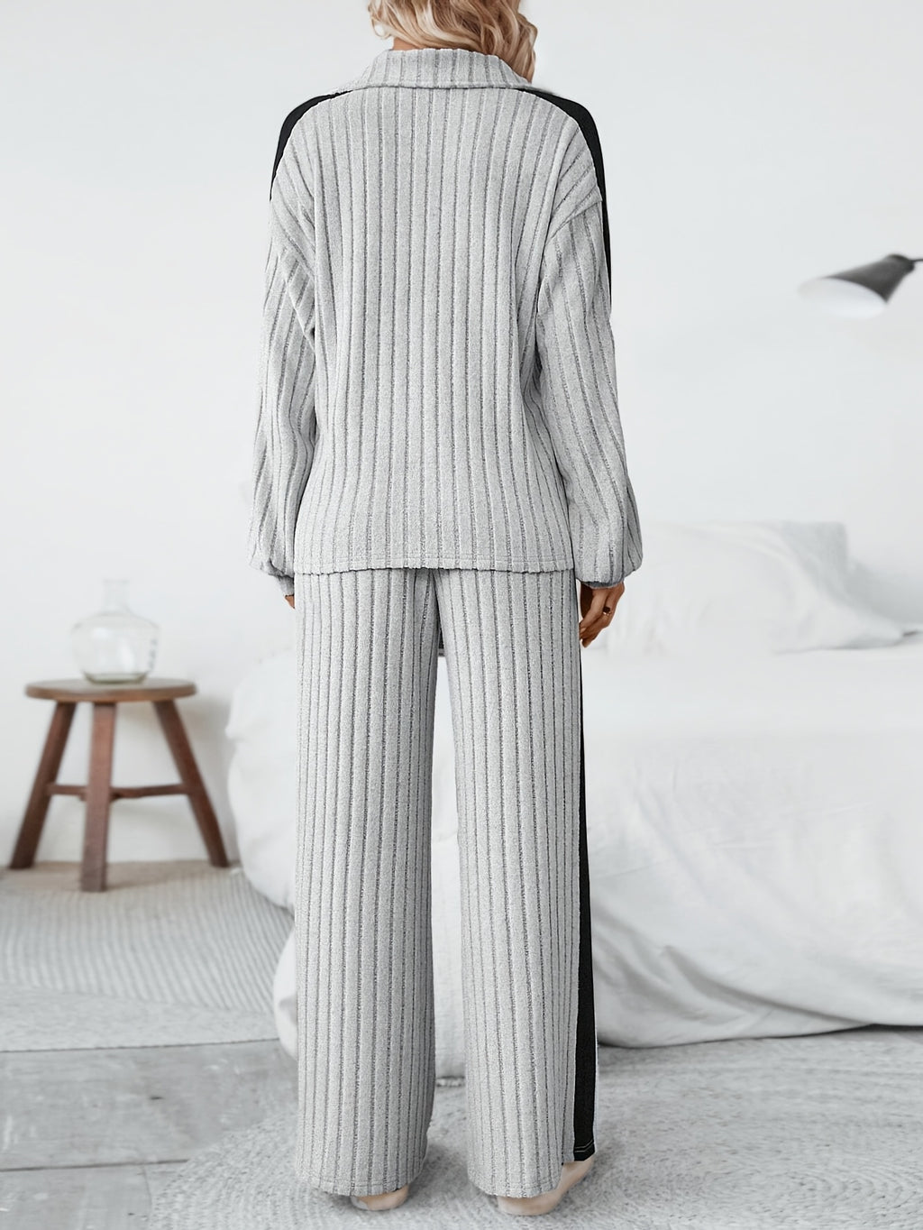 WL Atelier | Striped Collar Top &amp; Color-Block Wide-Leg Pants Set