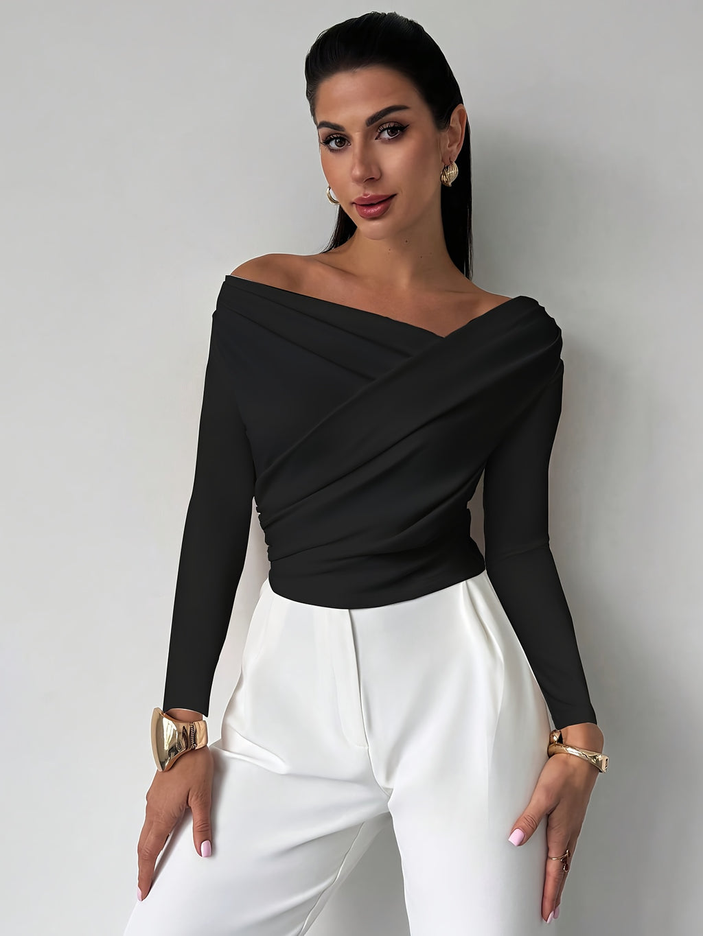 WL Atelier | Elegant Long-Sleeve Cross-Neckline Blouse
