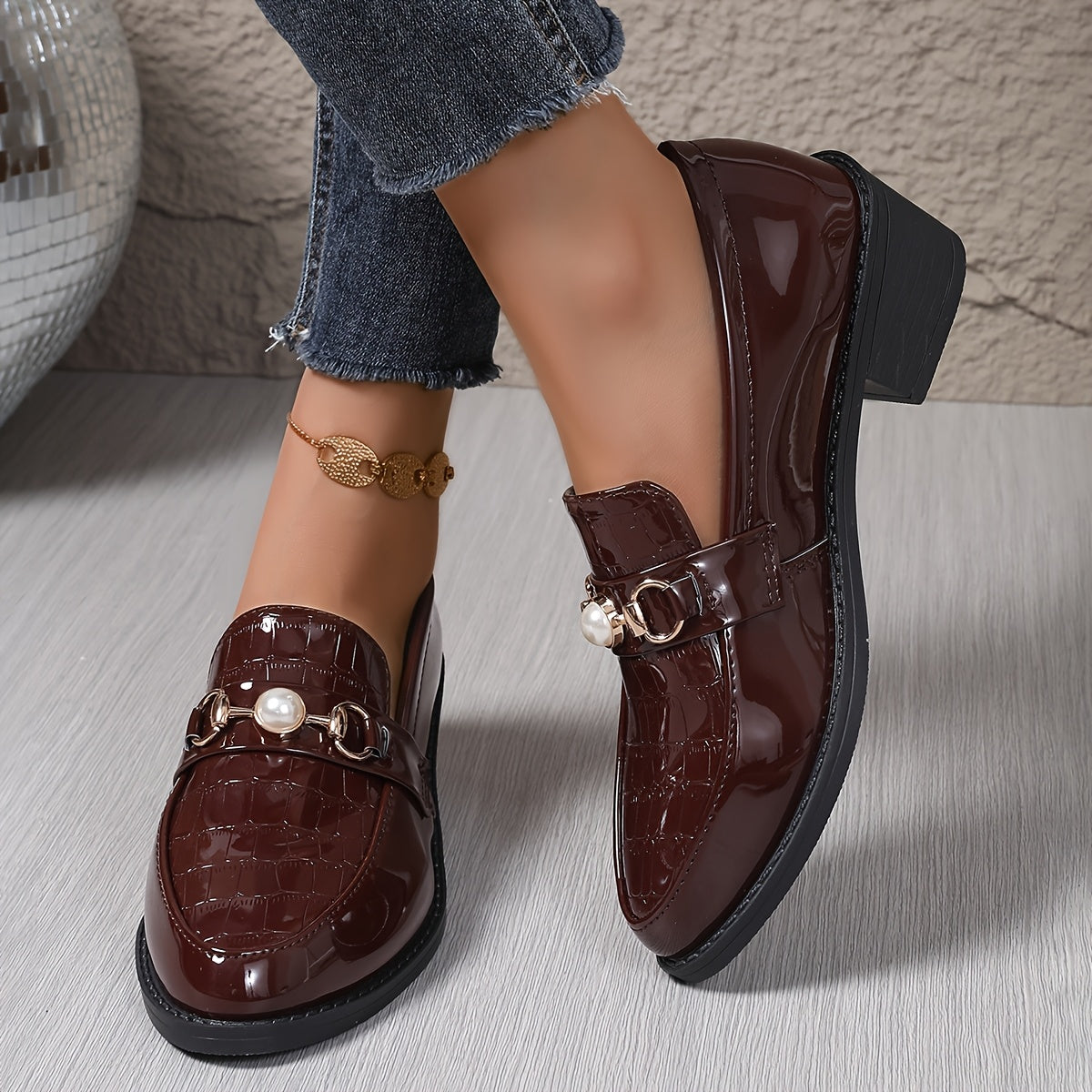 WL Atelier | Slip-On Loafers with Pearl Accents &amp; Crocodile Pattern