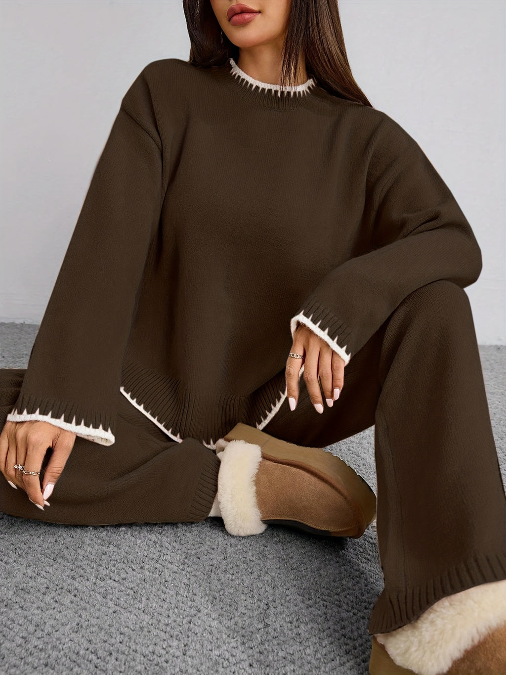 WL Atelier | Elegant Contrast Pullover Sweater &amp; Pants Two-Piece Set