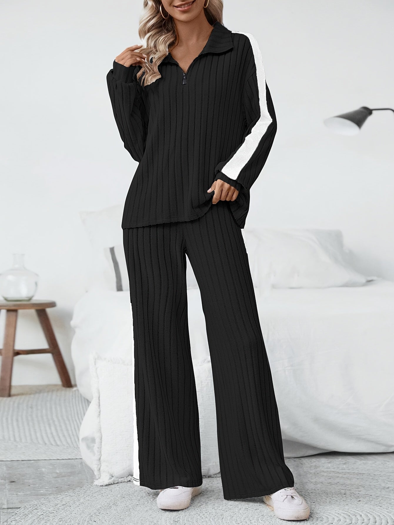 WL Atelier | Striped Collar Top &amp; Color-Block Wide-Leg Pants Set