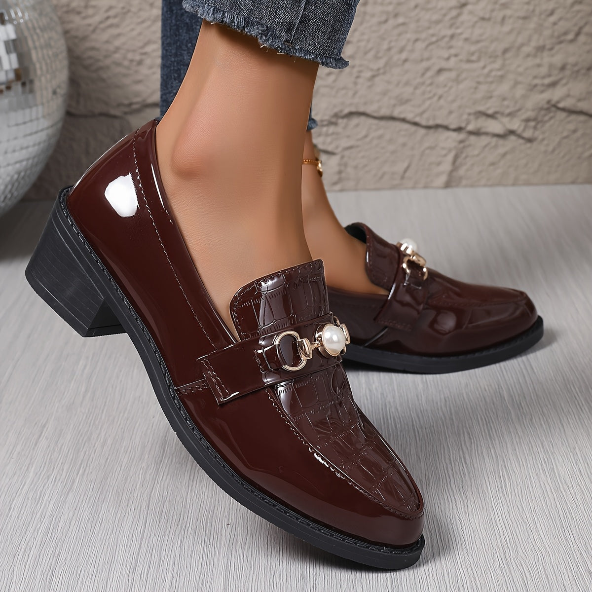 WL Atelier | Slip-On Loafers with Pearl Accents &amp; Crocodile Pattern