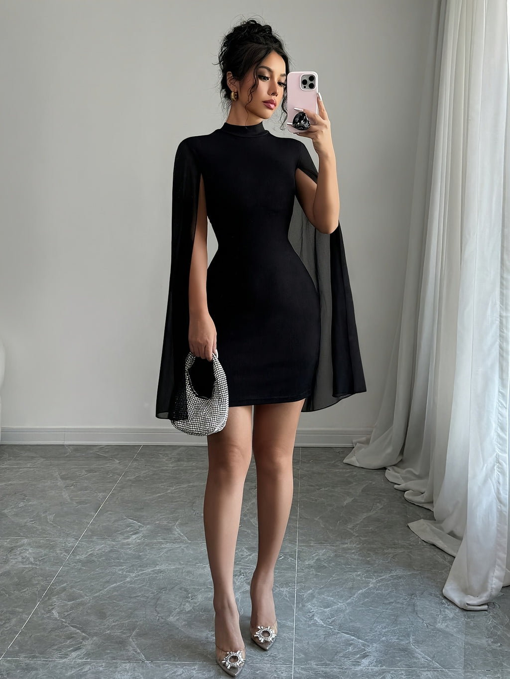 WL Atelier | Solid Color Mini Dress with Stand Collar &amp; Shawl Detail