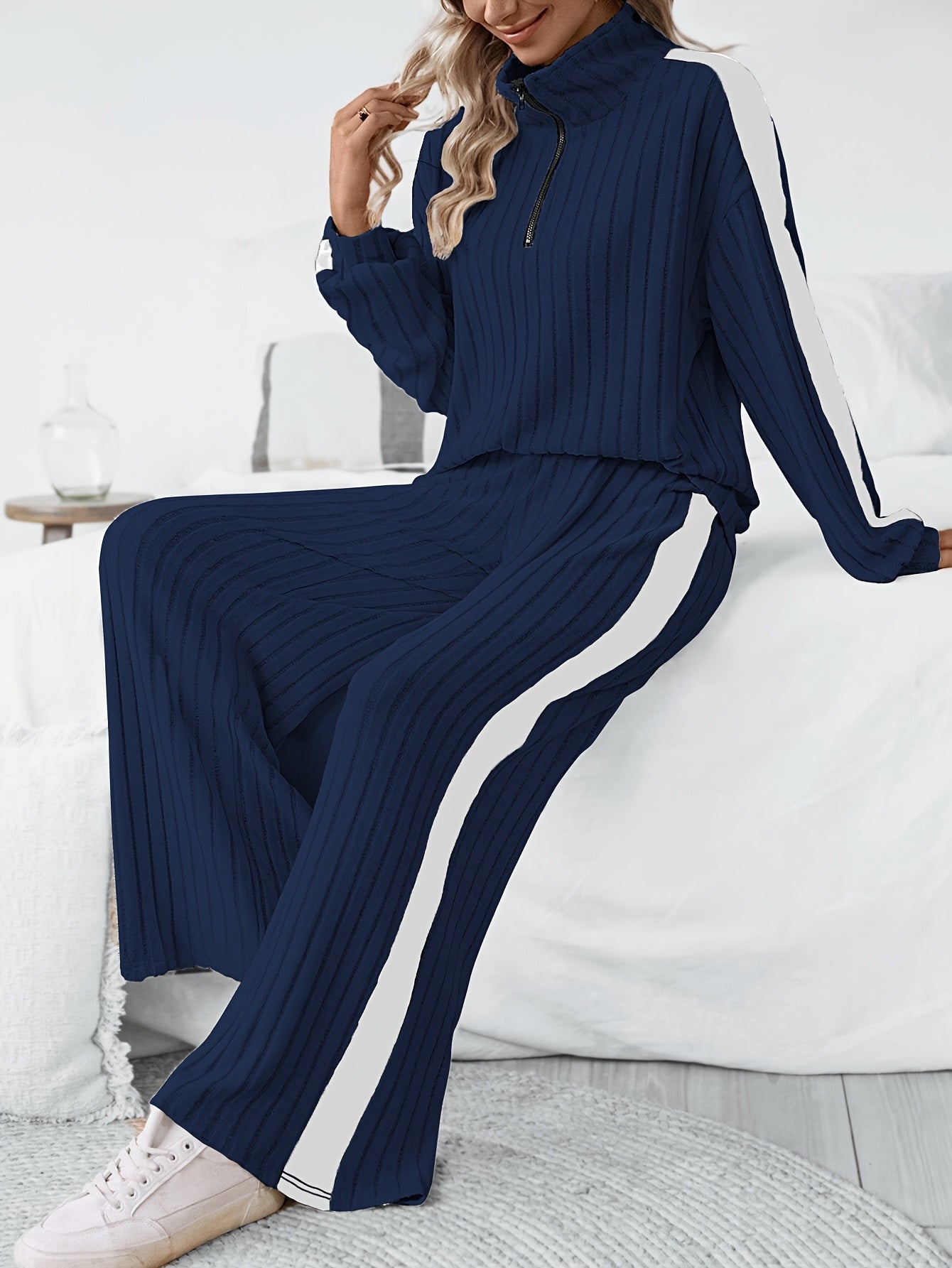 WL Atelier | Striped Collar Top &amp; Color-Block Wide-Leg Pants Set