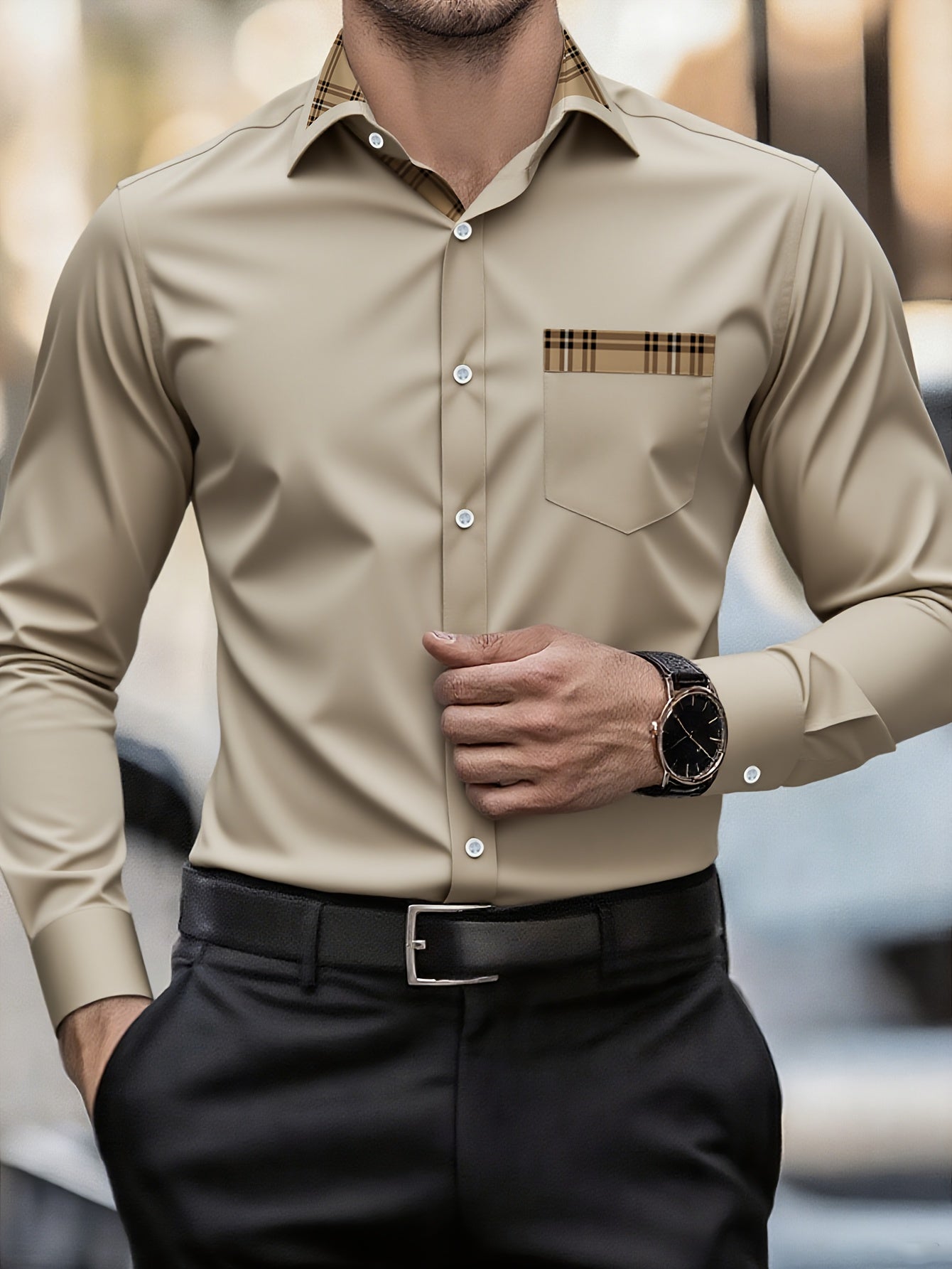 WL Atelier Men | Slim Fit Beige &amp; Brown Long-Sleeve Shirt