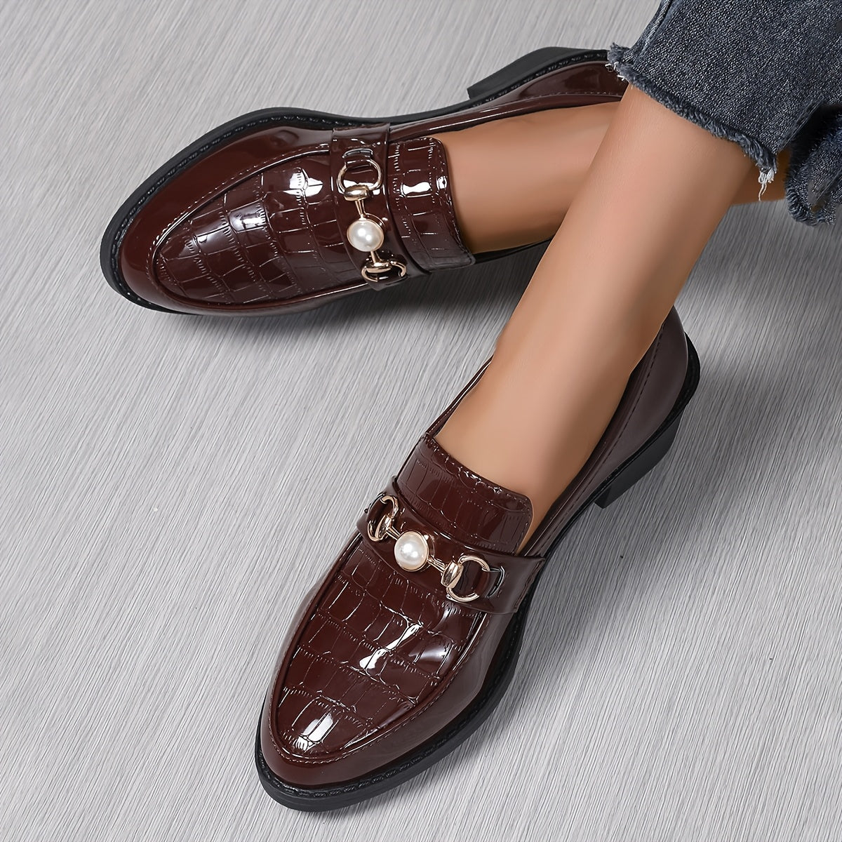 WL Atelier | Slip-On Loafers with Pearl Accents &amp; Crocodile Pattern