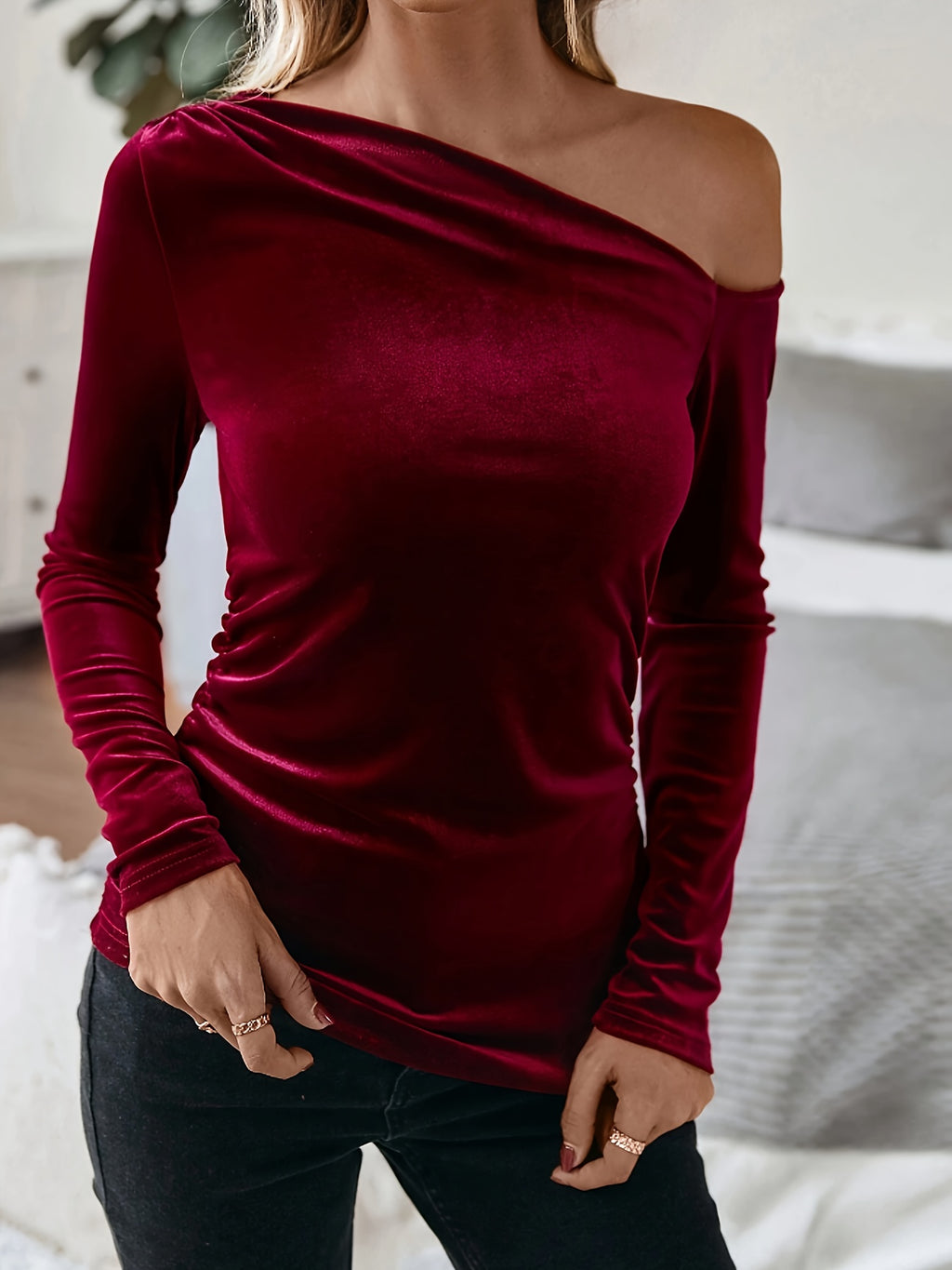 WL Atelier | Burgundy Velvet Off-Shoulder Long-Sleeve Top