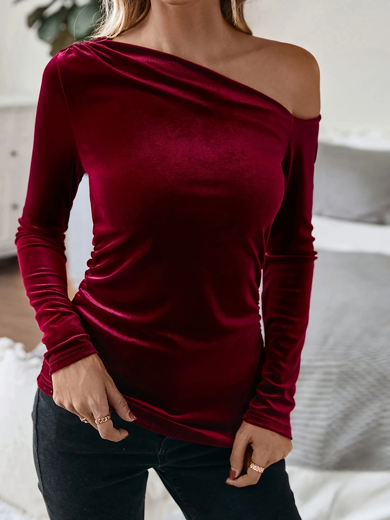 WL Atelier | Burgundy Velvet Off-Shoulder Long-Sleeve Top