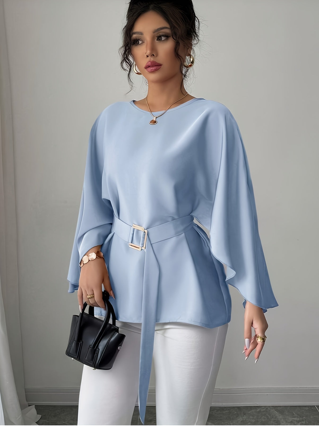 WL Atelier | Elegant Green Belted Long-Sleeve Blouse