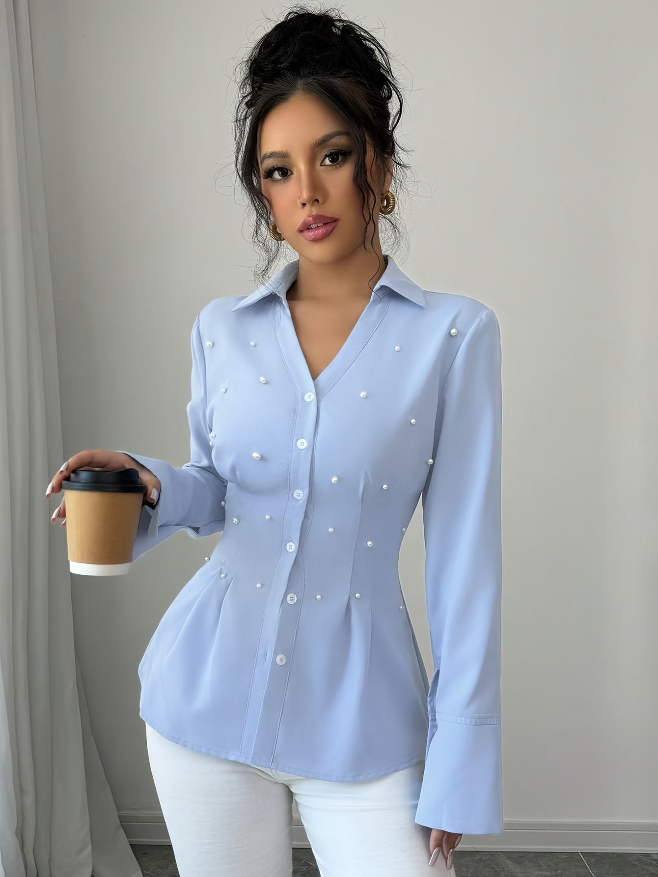 WL Atelier | Vintage Blue V-Neck Blouse with Pearl Embellishments