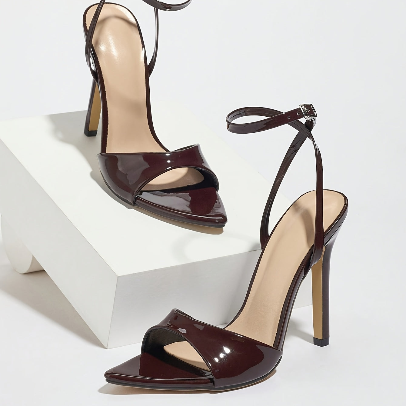 WL Atelier | Coffee Brown Glossy Stiletto Sandals with Ankle Strap