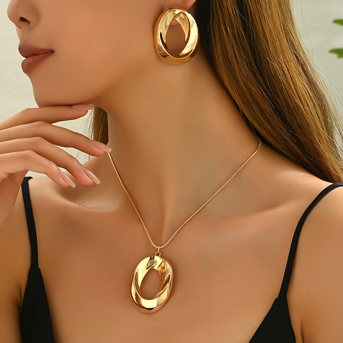 WL Atelier | Minimalist Hollow Oval Pendant Necklace &amp; Earrings Set