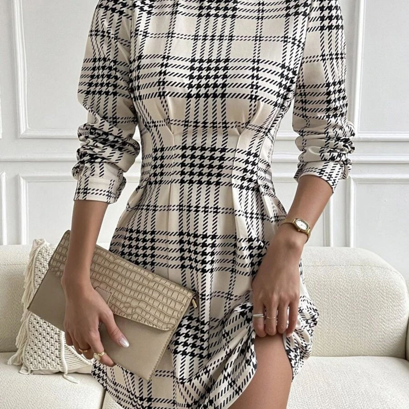 WL Atelier | Black &amp; White Plaid Mini Dress with Bow Detail