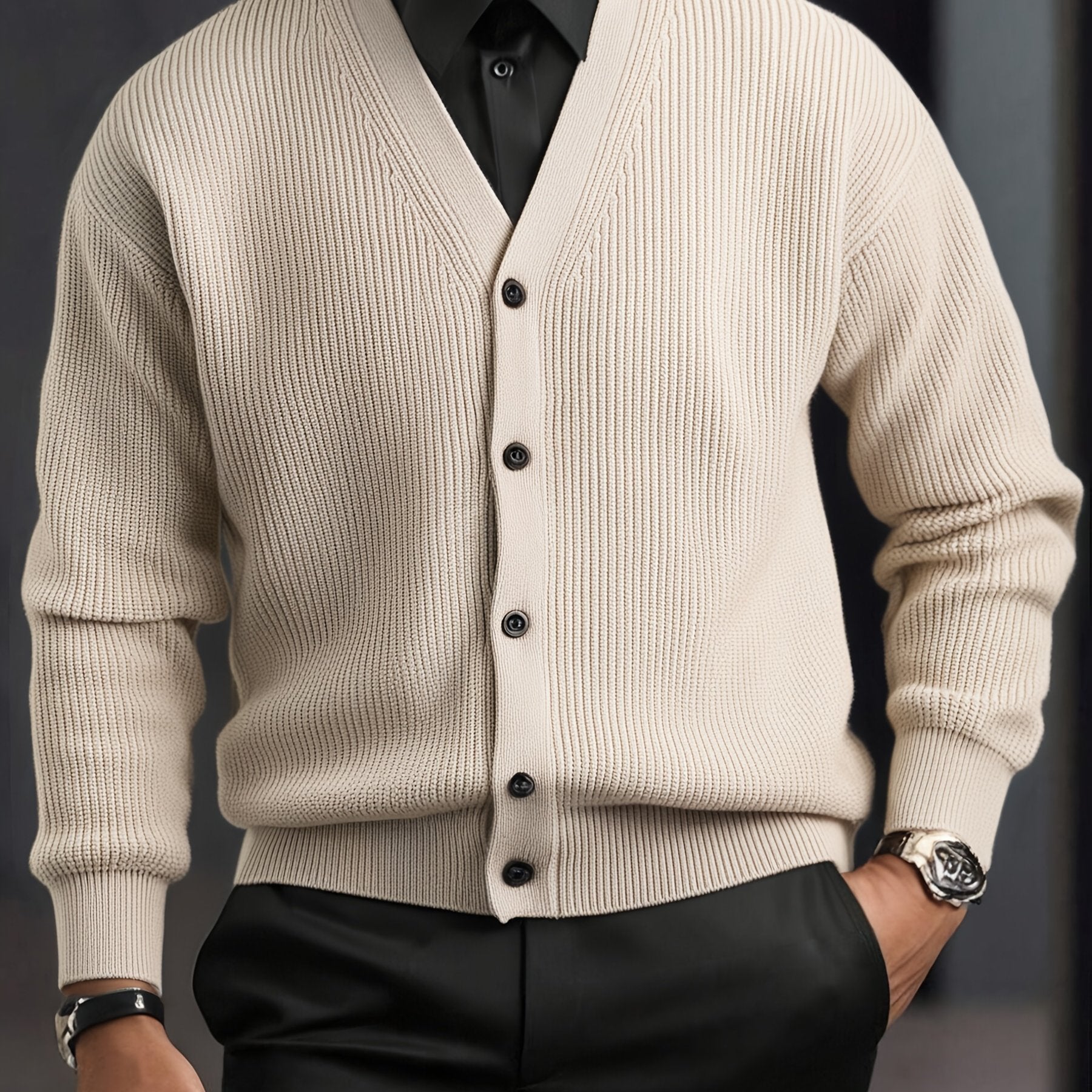WL Atelier Men | Beige V-Neck Cable-Knit Cardigan