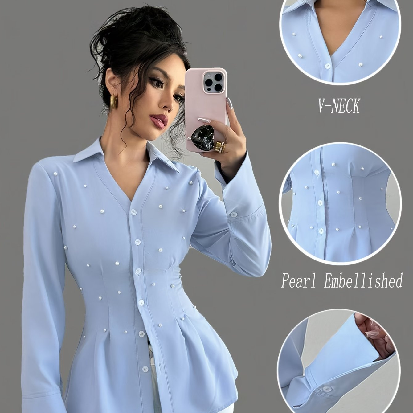 WL Atelier | Vintage Blue V-Neck Blouse with Pearl Embellishments