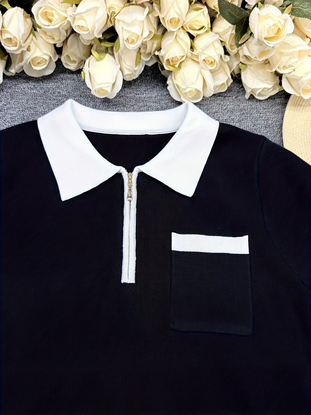 WL Atelier | Navy &amp; White Half-Zip Color Block Sweater