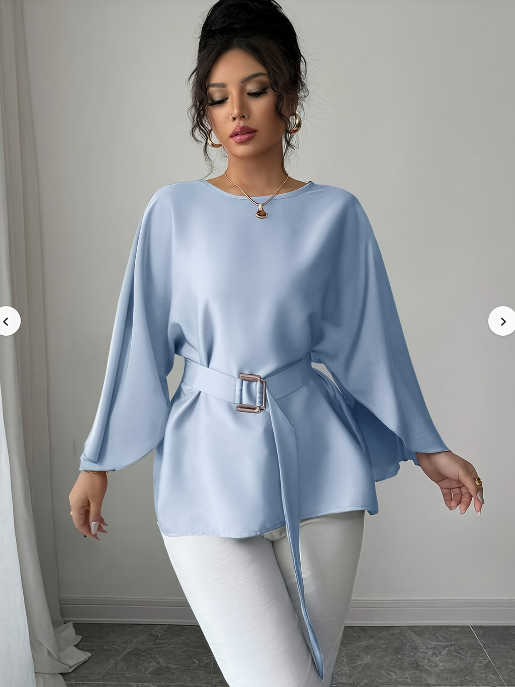 WL Atelier | Elegant Green Belted Long-Sleeve Blouse