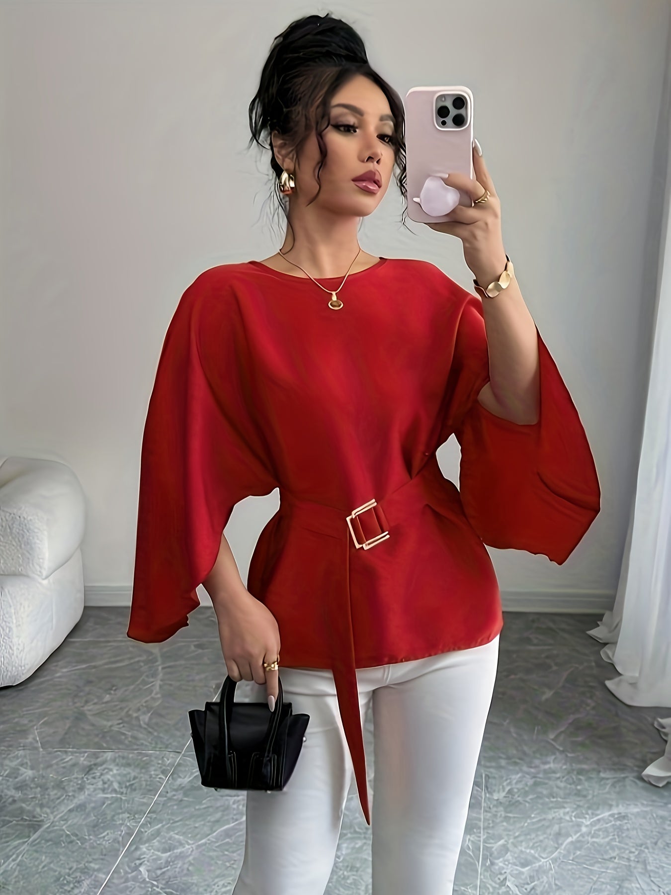 WL Atelier | Elegant Green Belted Long-Sleeve Blouse