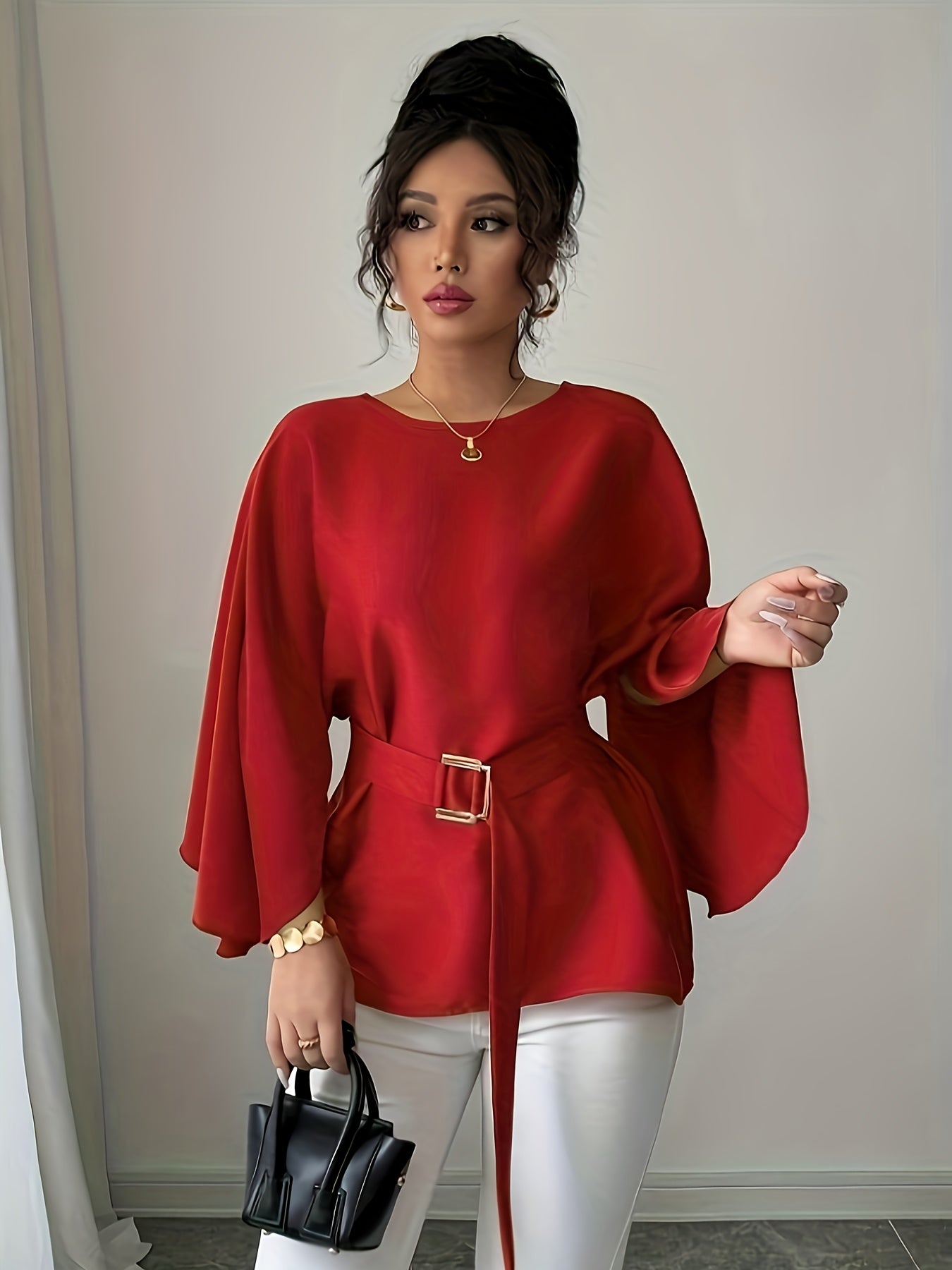WL Atelier | Elegant Green Belted Long-Sleeve Blouse
