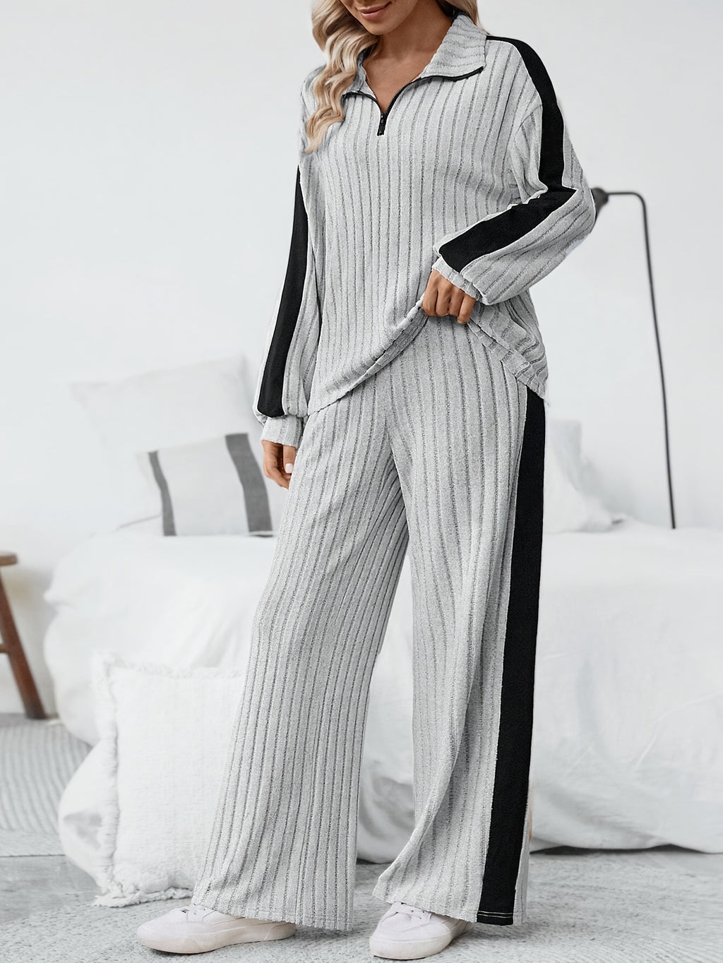 WL Atelier | Striped Collar Top &amp; Color-Block Wide-Leg Pants Set