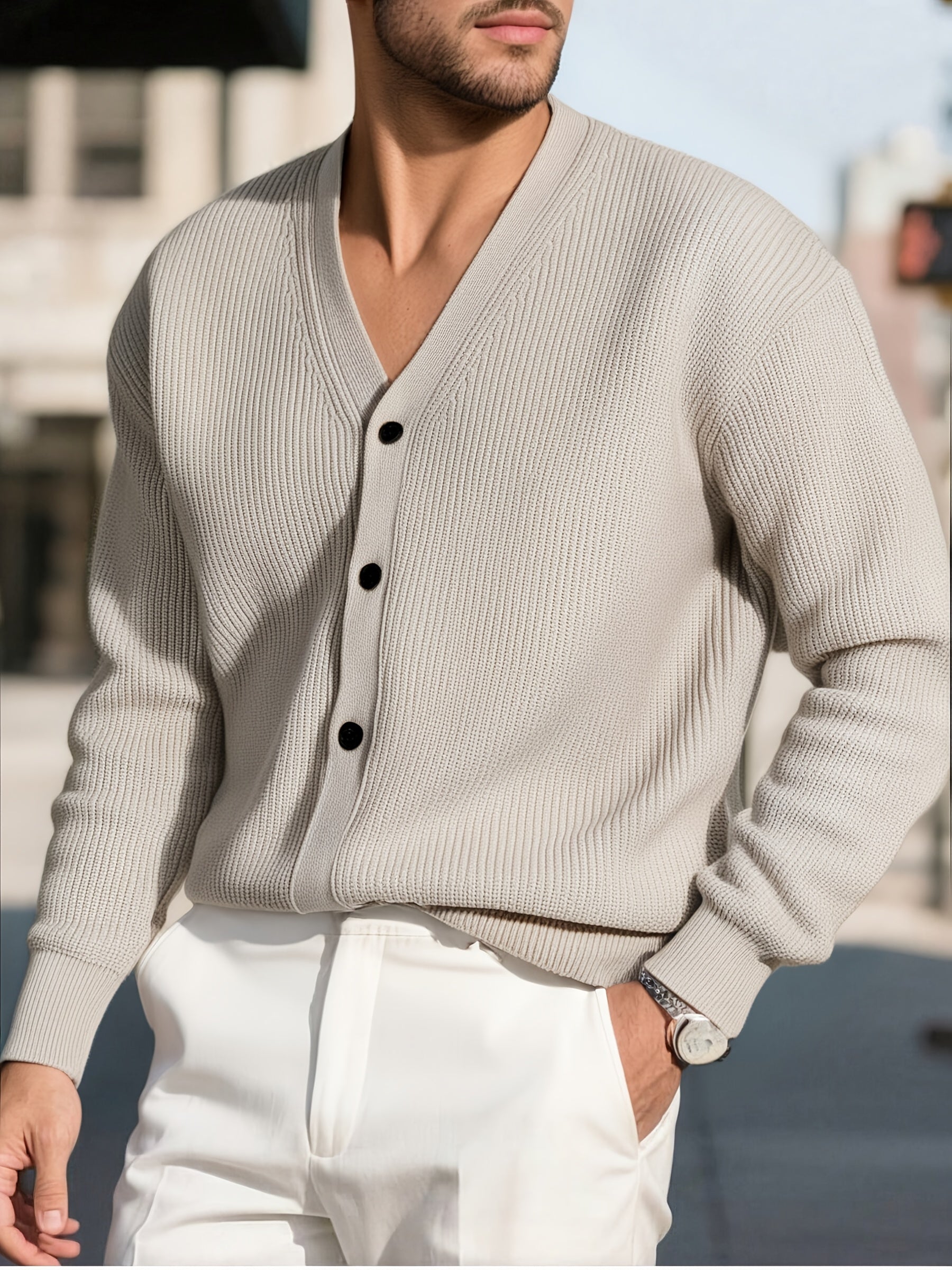 WL Atelier Men | Beige V-Neck Cable-Knit Cardigan