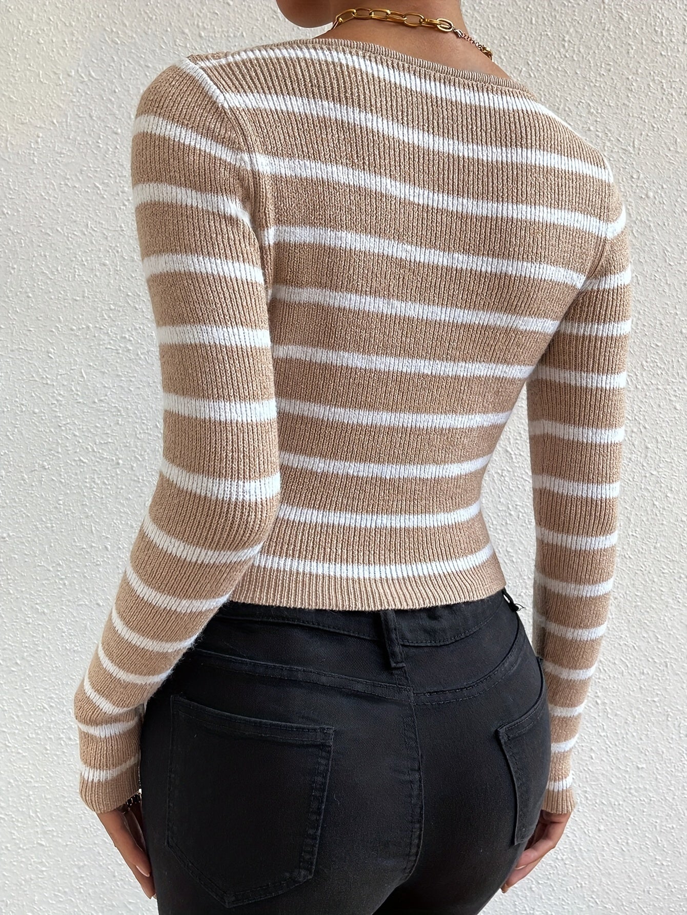 WL Atelier | Beige &amp; Brown Striped Pullover Sweater with Notched Collar