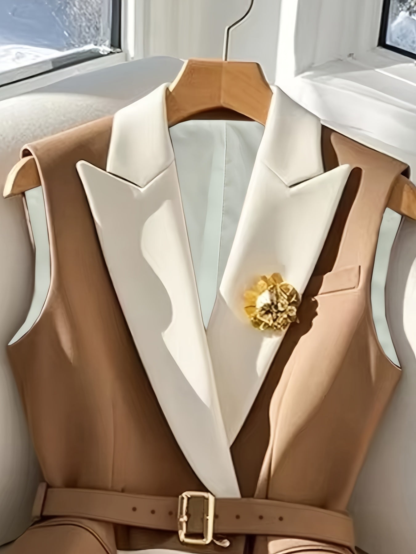 WL Atelier | Elegant White &amp; Beige Color Block Sleeveless Blazer Vest