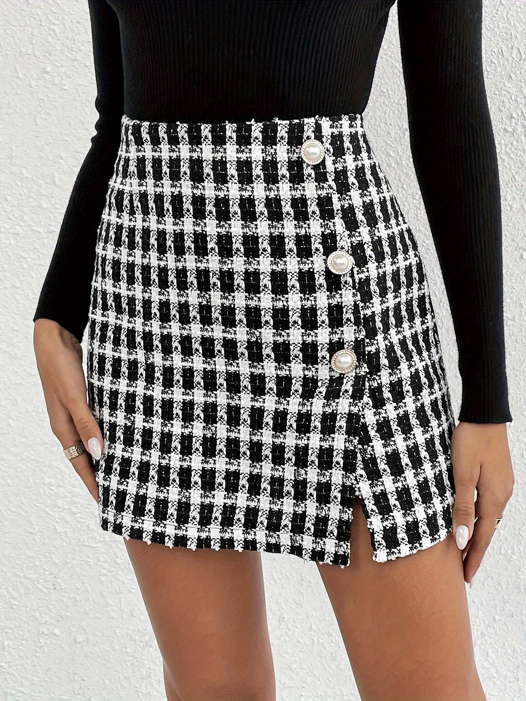 WL Atelier | Elegant Plaid Asymmetrical Skirt with Button Detail